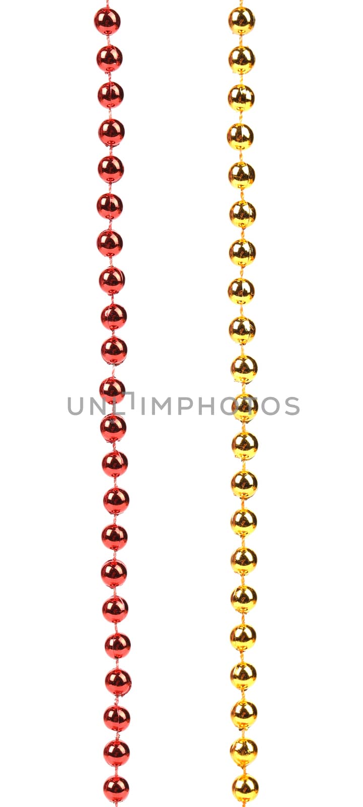 Golden and red beads. Isolated on a white background.