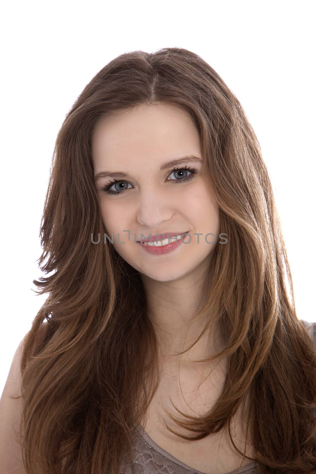 Close up face of a beautiful woman with a long brown hair