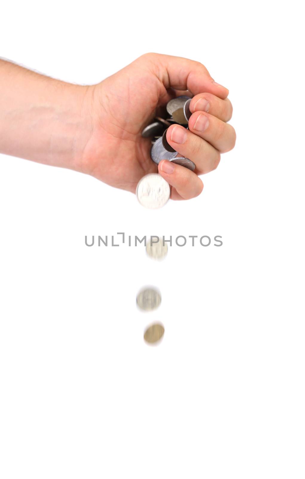 Money pouring out of hand. White background.