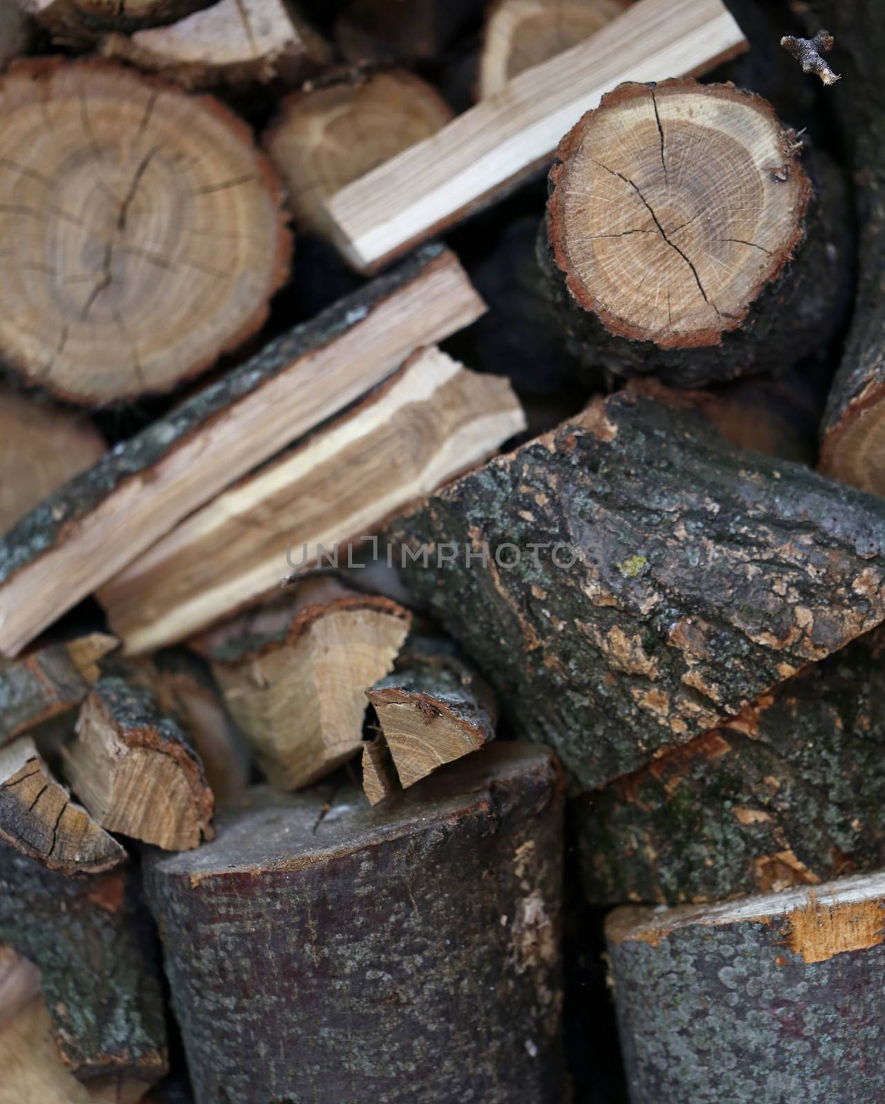 Background of dark firewood. Close up. Vertical