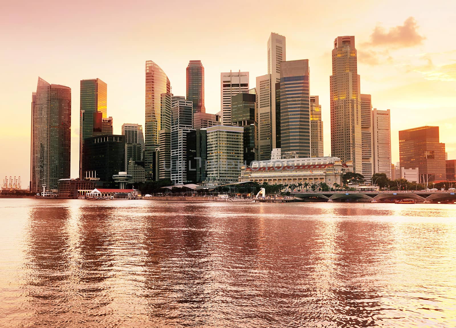 Skyline of Singapore downtown at a beautiful sunset 