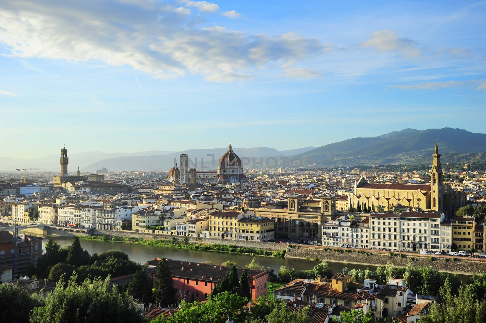 Skyline of Florence with Ponte Vecchio, Palazzo Vecchio and Cathedral of Santa Maria del Fiore (Duomo)