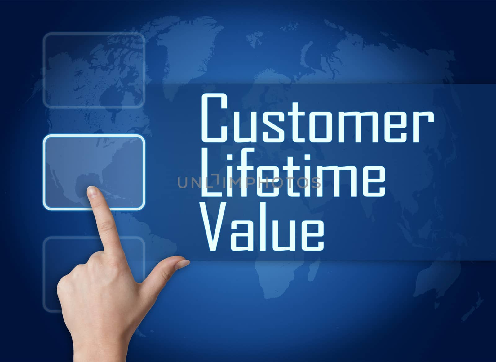 Customer Lifetime Value concept with interface and world map on blue background