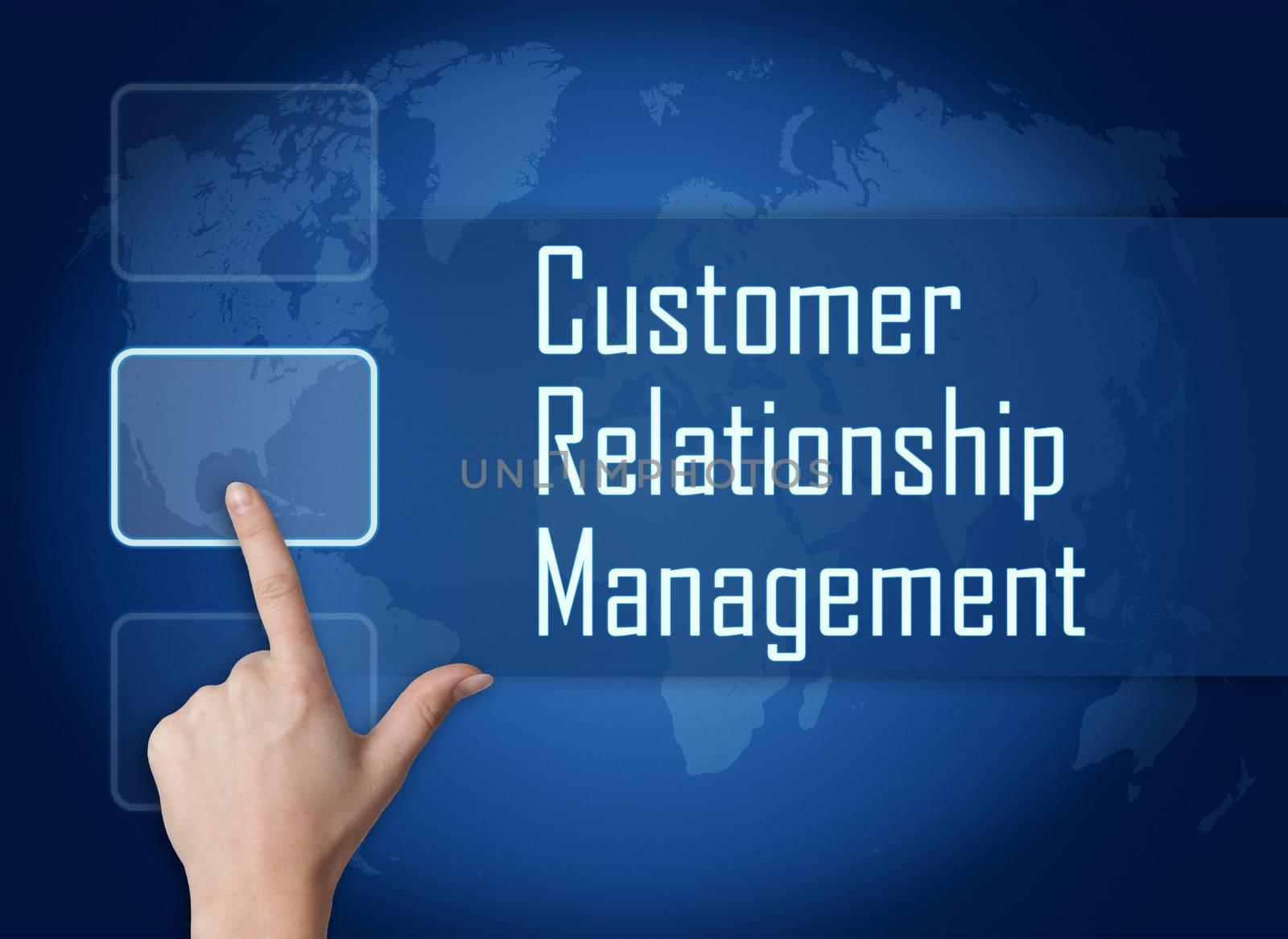 Customer Relationship Management concept with interface and world map on blue background