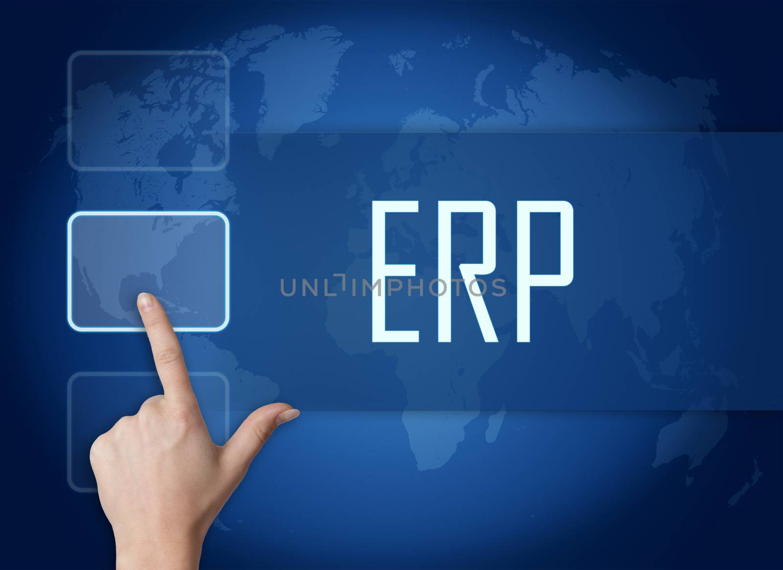 Enterprise Resource Planning concept with interface and world map on blue background