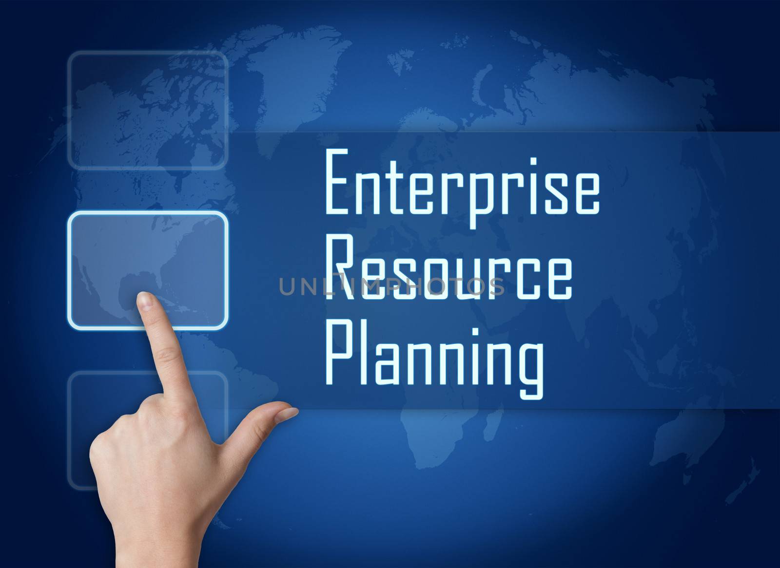 Enterprise Resource Planning concept with interface and world map on blue background