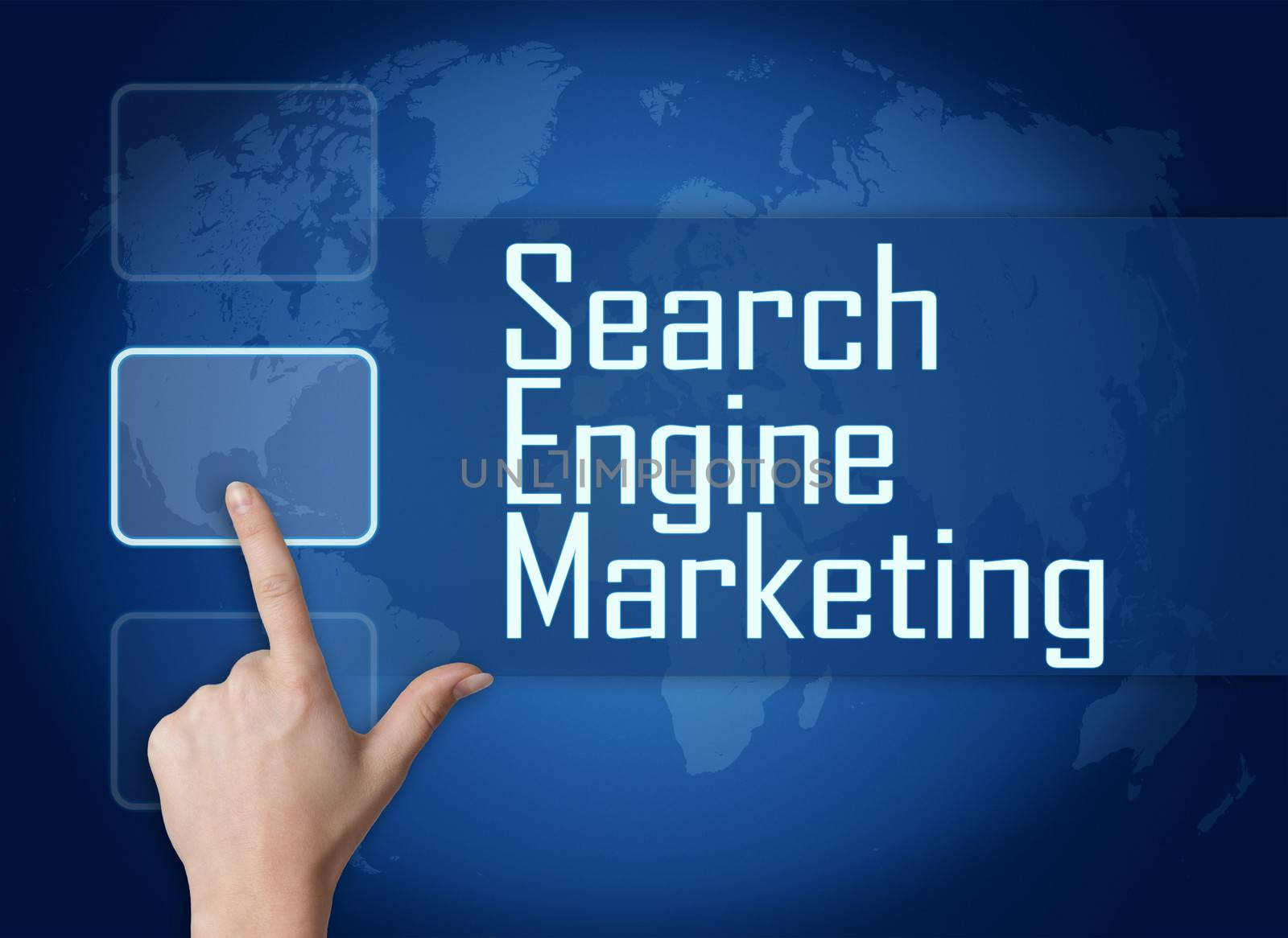Search Engine Marketing concept with interface and world map on blue background