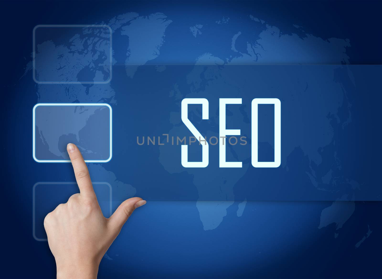 Search Engine Optimization concept with interface and world map on blue background