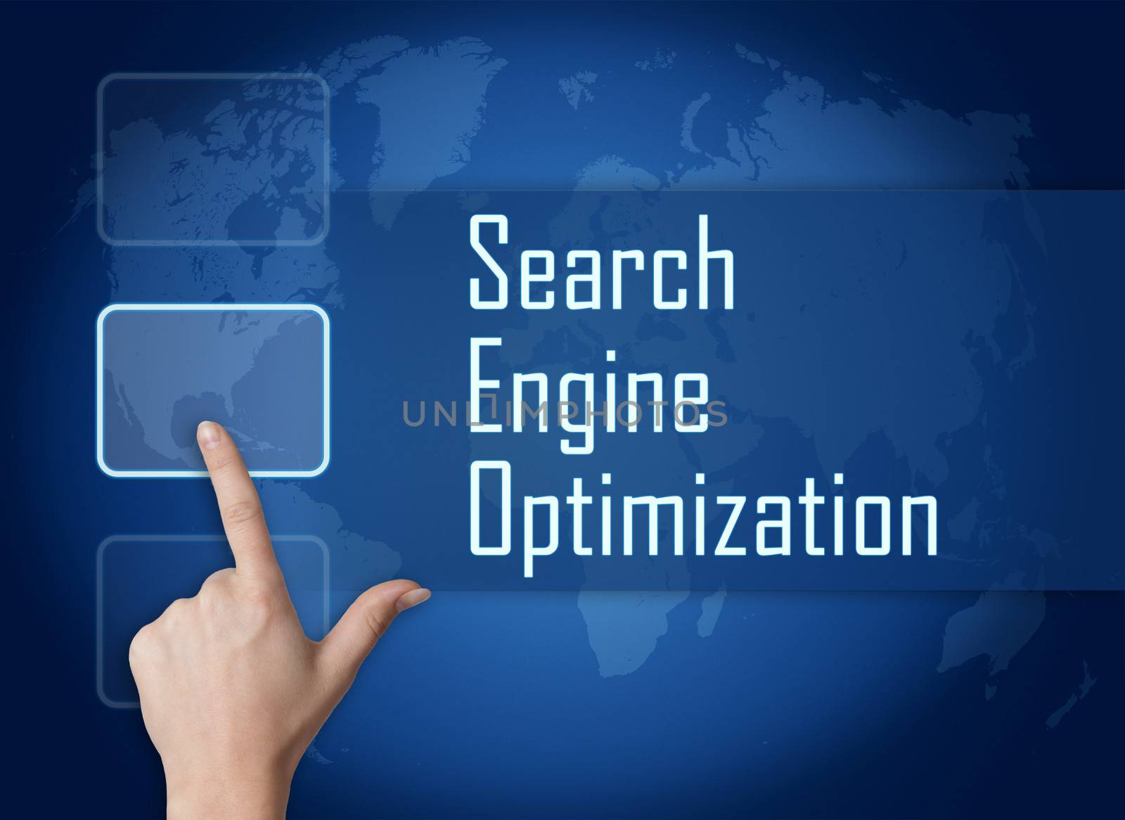 Search Engine Optimization concept with interface and world map on blue background