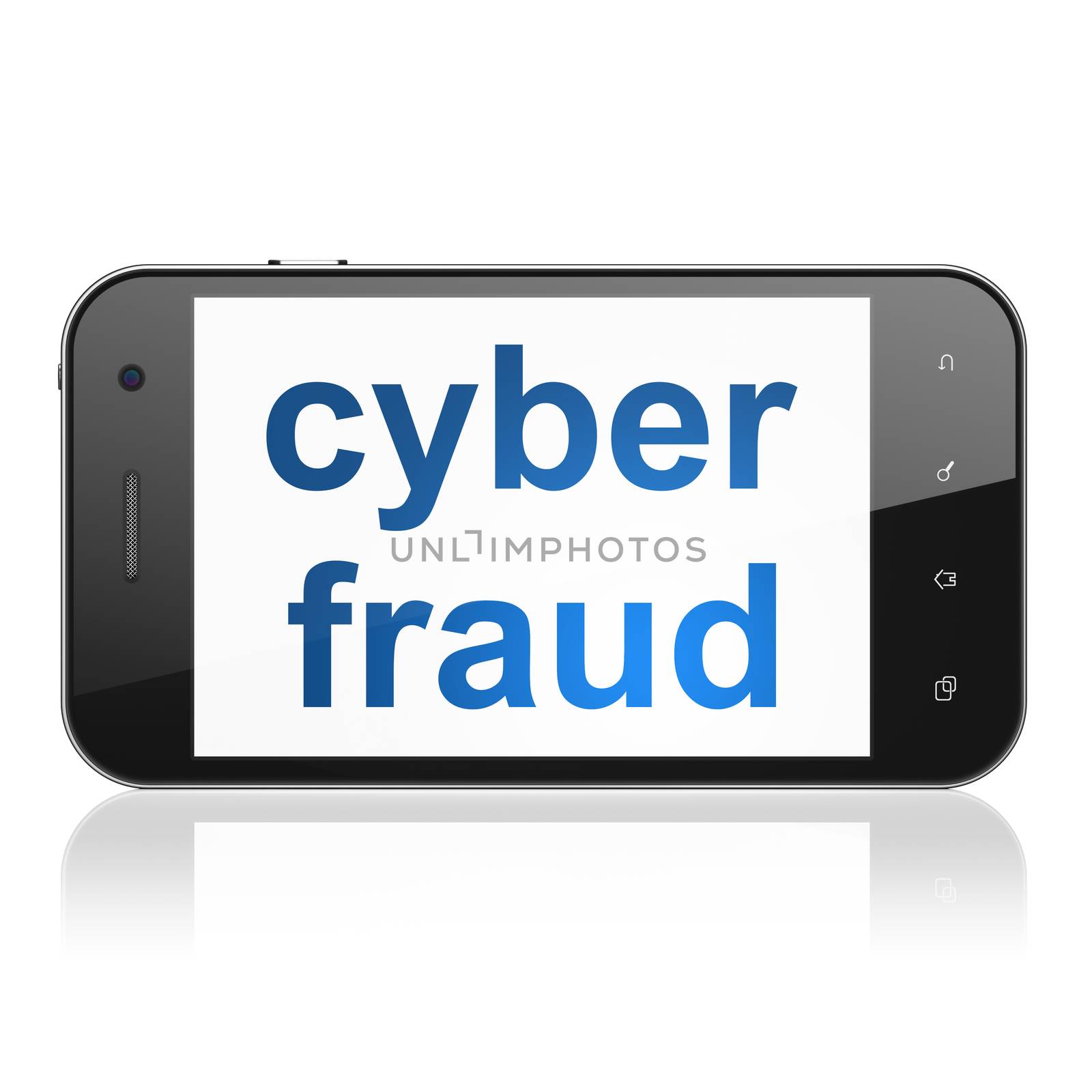 Safety concept: smartphone with text Cyber Fraud on display. Mobile smart phone on White background, cell phone 3d render