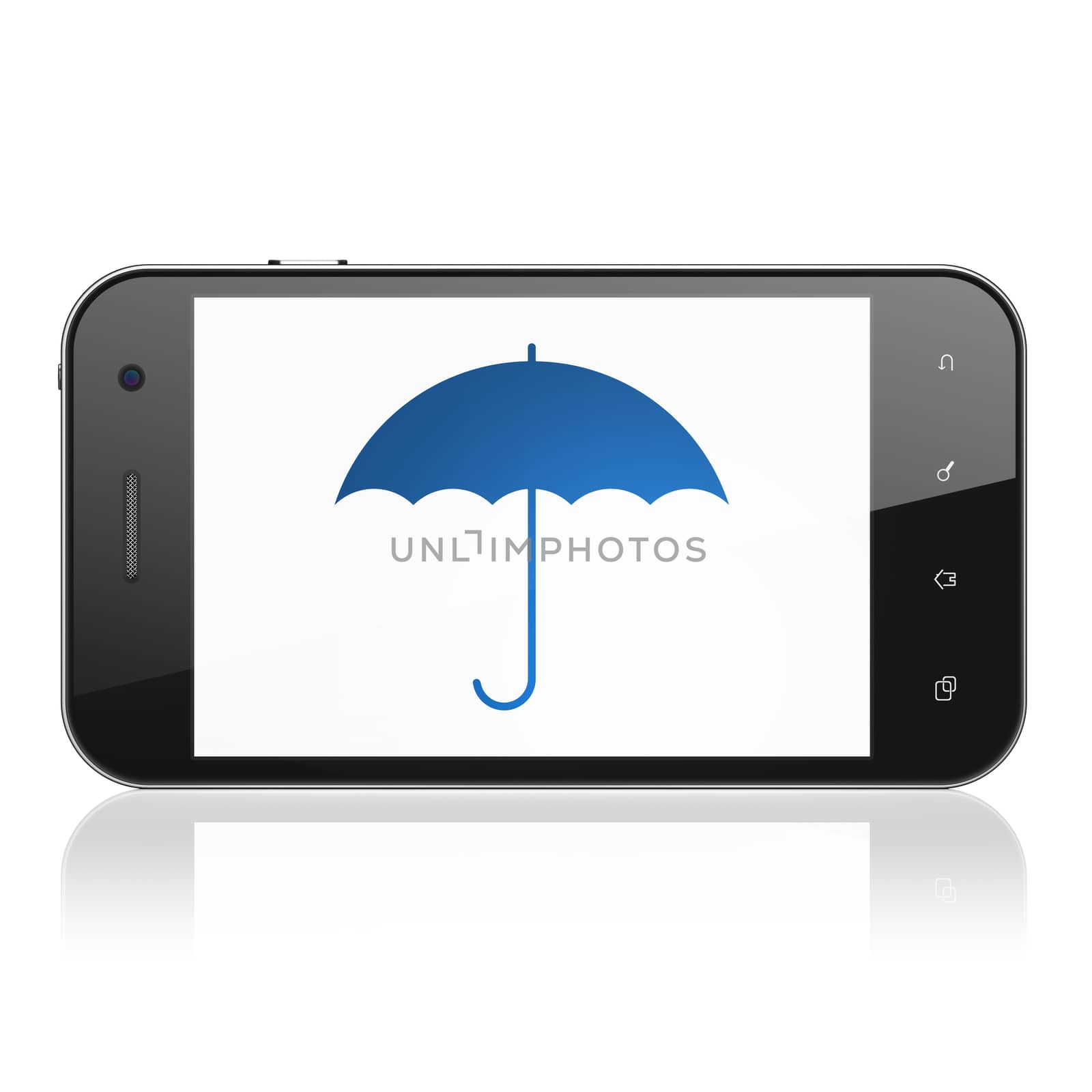 Protection concept: smartphone with Umbrella icon on display. Mobile smart phone on White background, cell phone 3d render