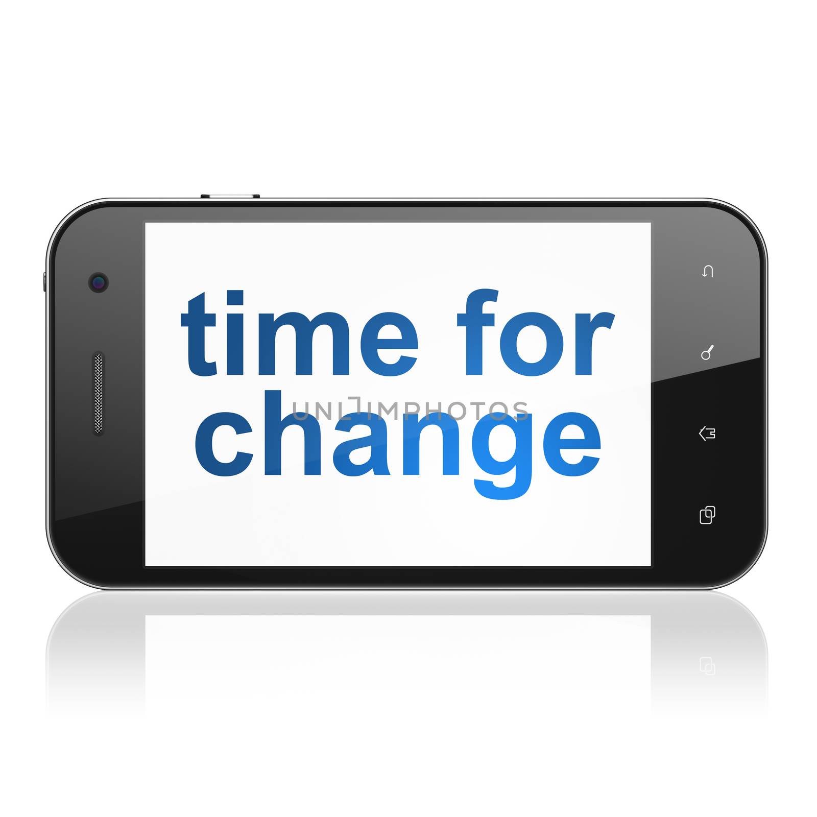 Timeline concept: smartphone with text Time for Change on display. Mobile smart phone on White background, cell phone 3d render