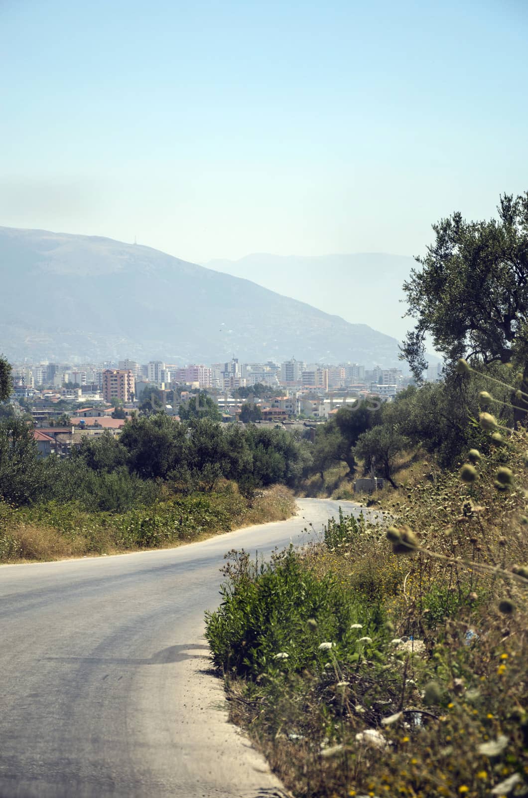 Road leading downhill to a distant town.