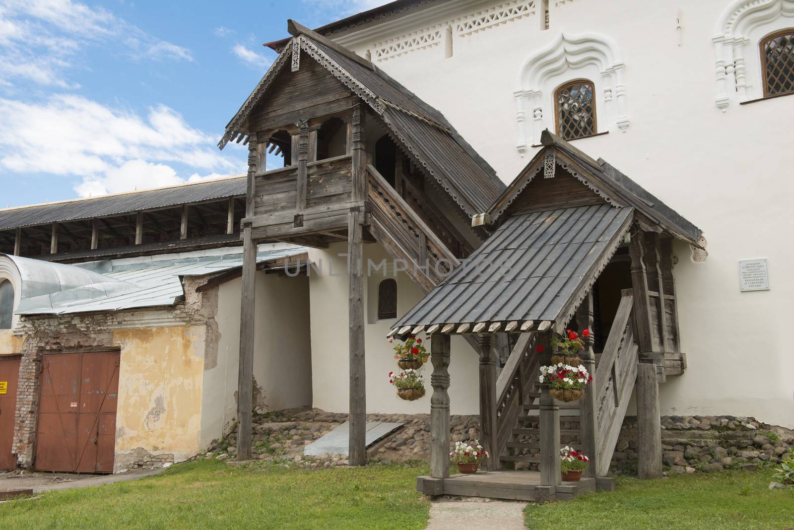 Wooden porch of Novgorod Kremlin, Russia.