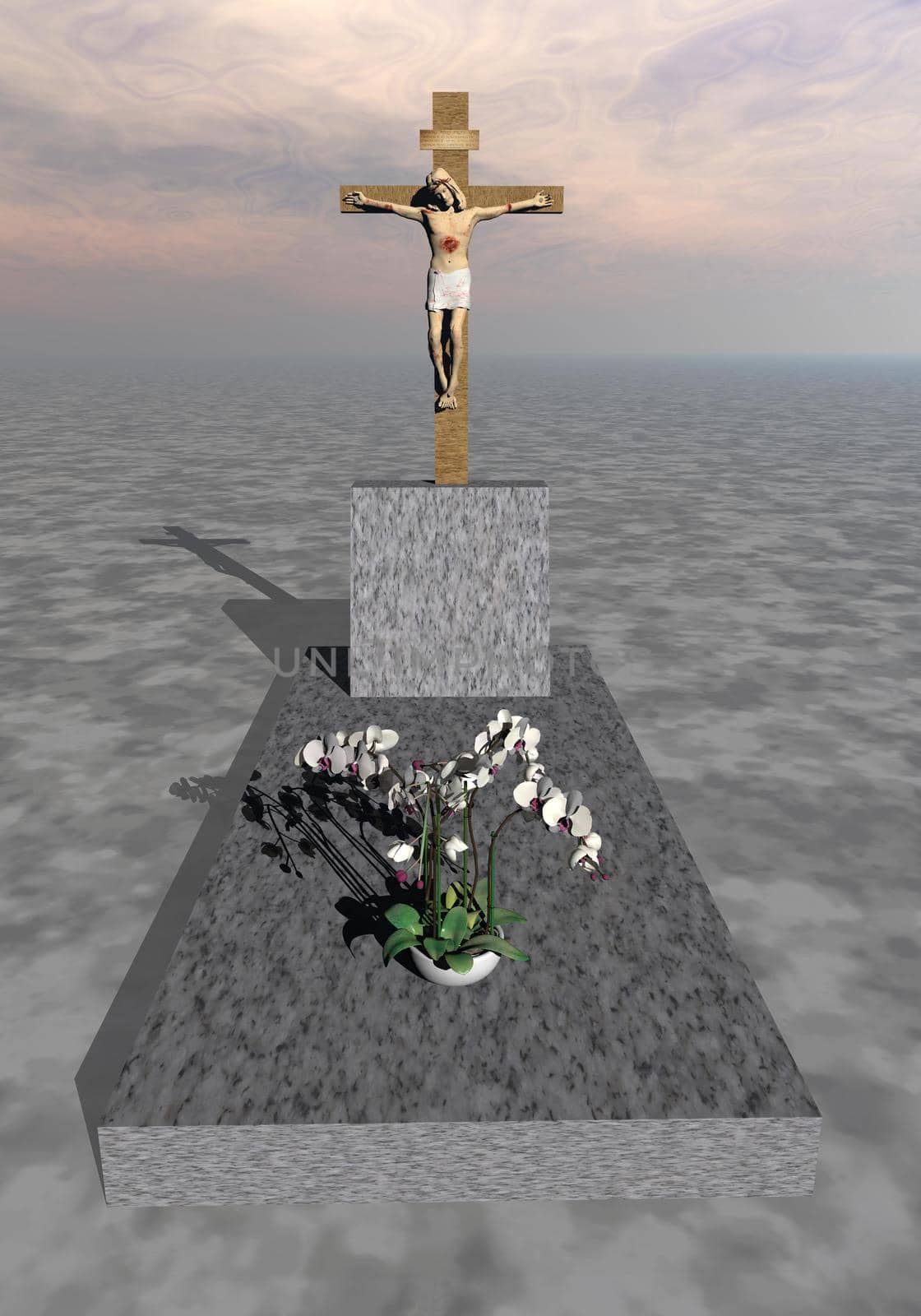 Jesus cross on grey marble tombstone with white orchid flowers