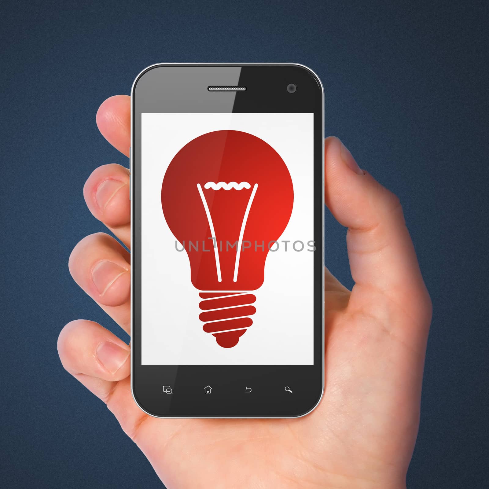 Finance concept: hand holding smartphone with Light Bulb on display. Mobile smart phone in hand on Blue background, 3d render