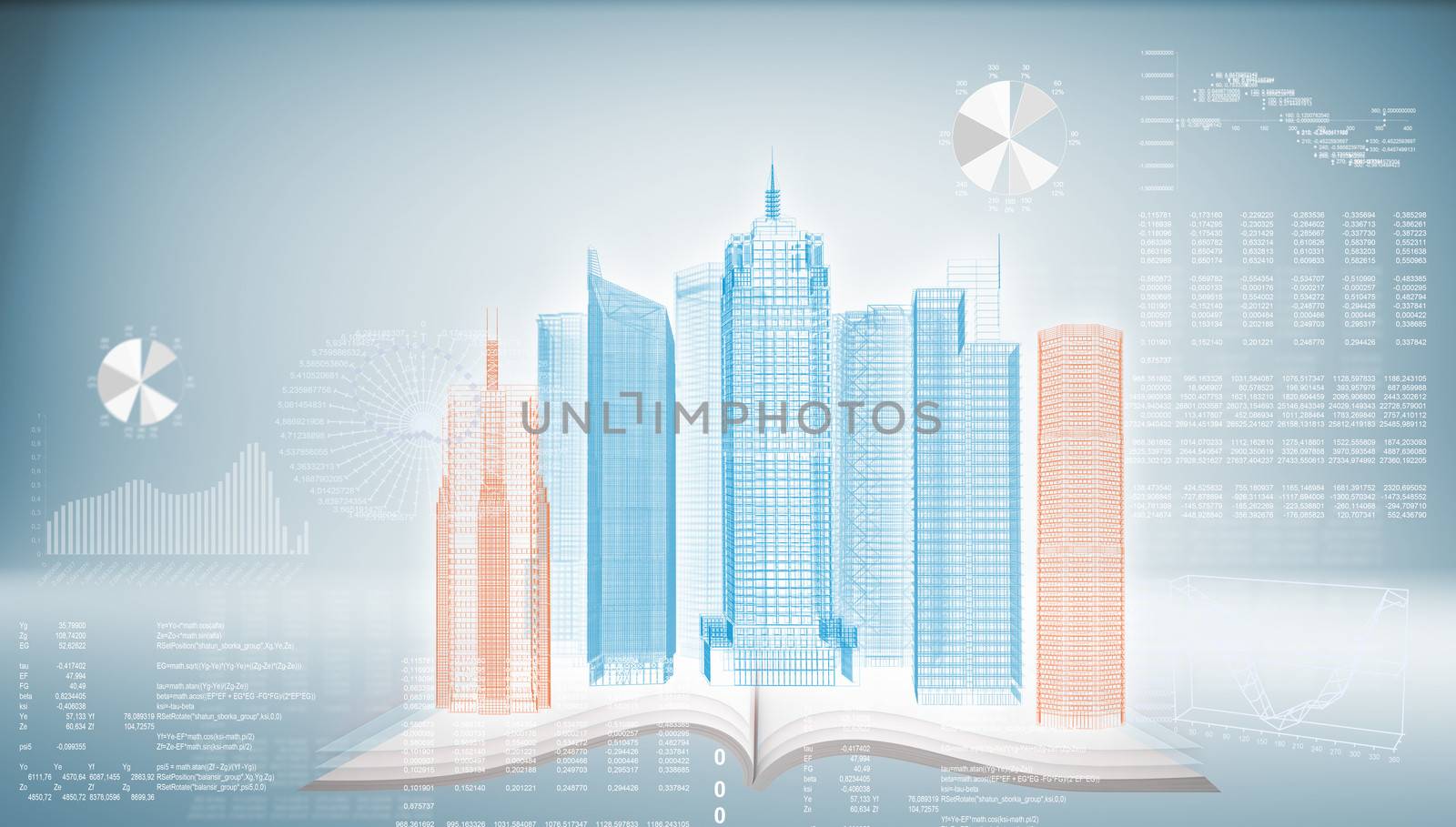Hi-tech building on top of books on a blue background. The concept of future technologies knowledge based