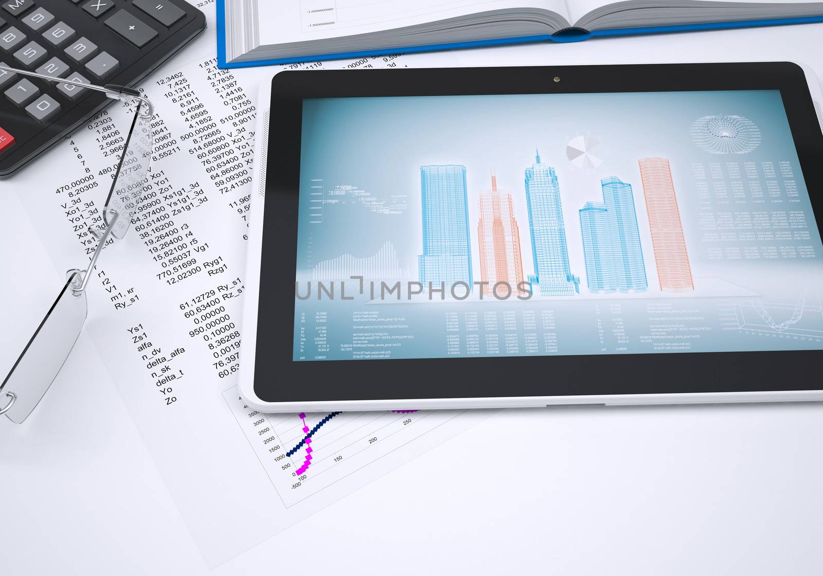 The book, calculator, paper and tablet computer. 3d rendering. The concept of new technologies