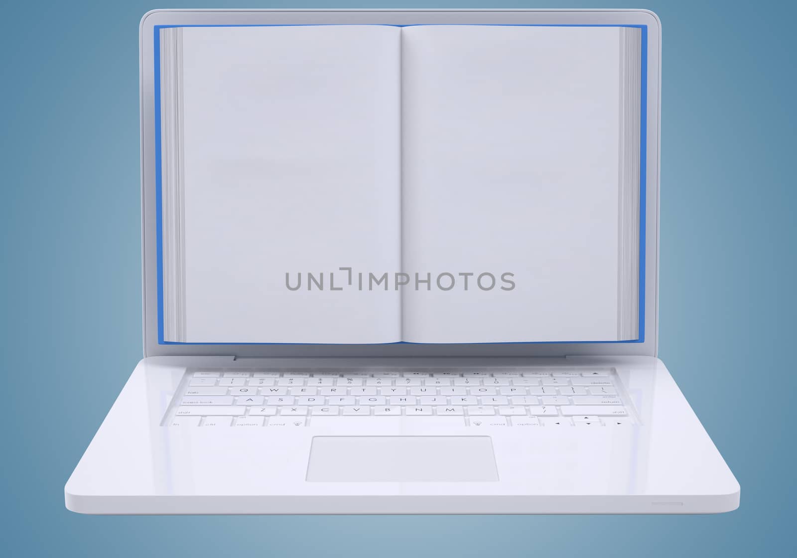 Blank book to screen laptop. The concept of media technologies. Isolated render on a blue background