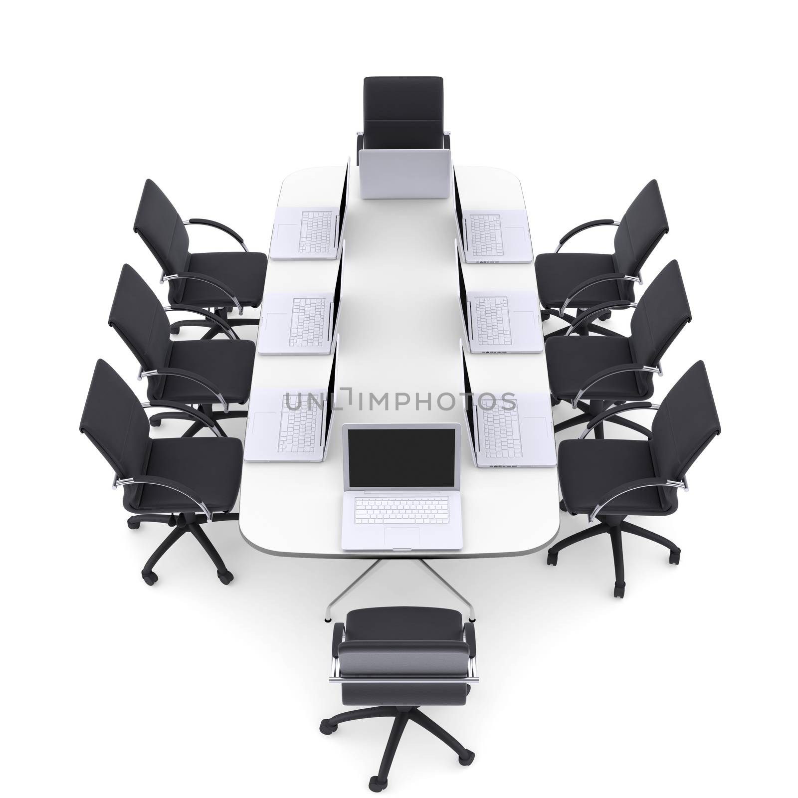 Laptops on the office round table and chairs. Isolated render on a white background