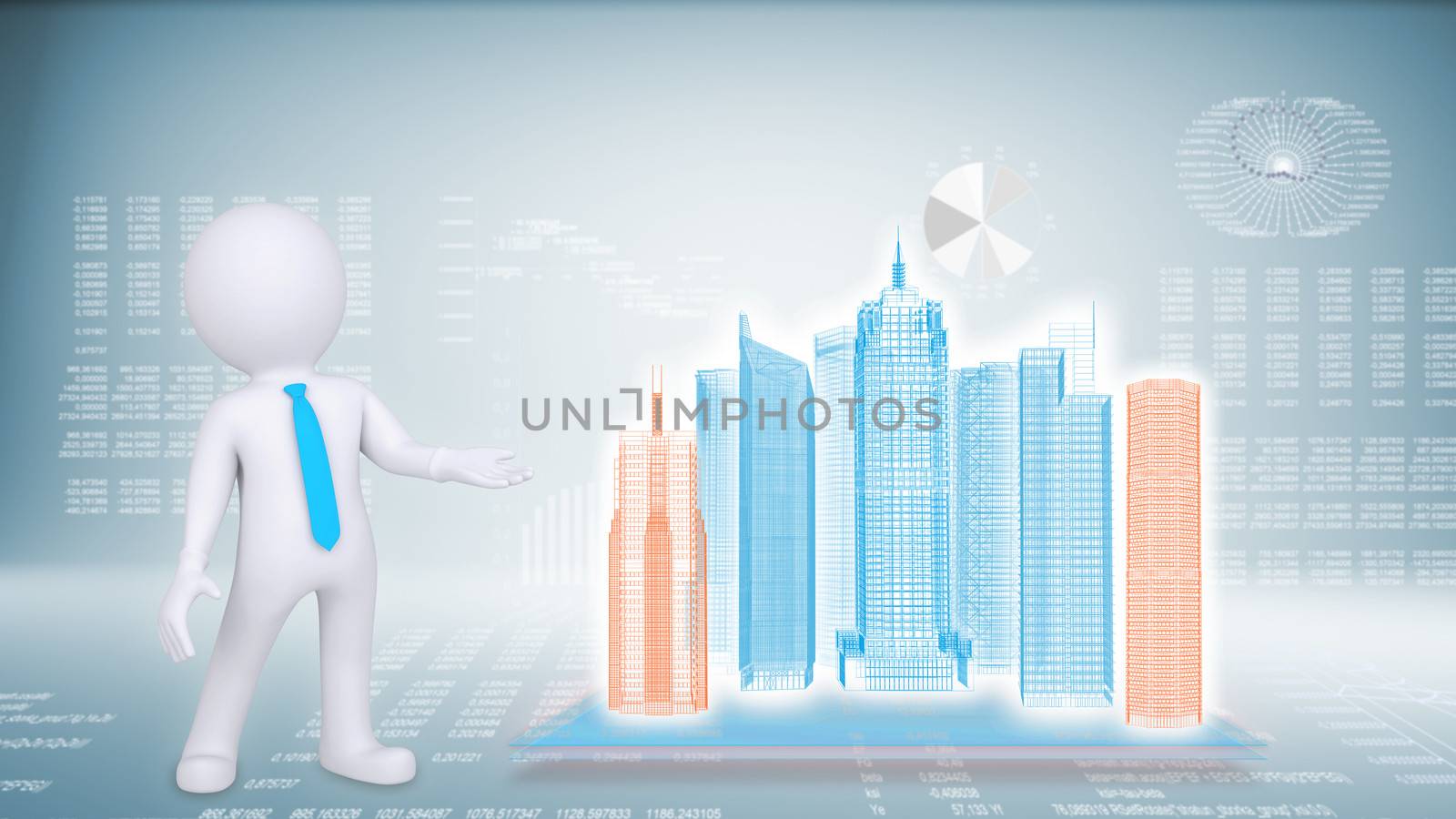 People and hi-tech building on a blue background. The concept of future technology