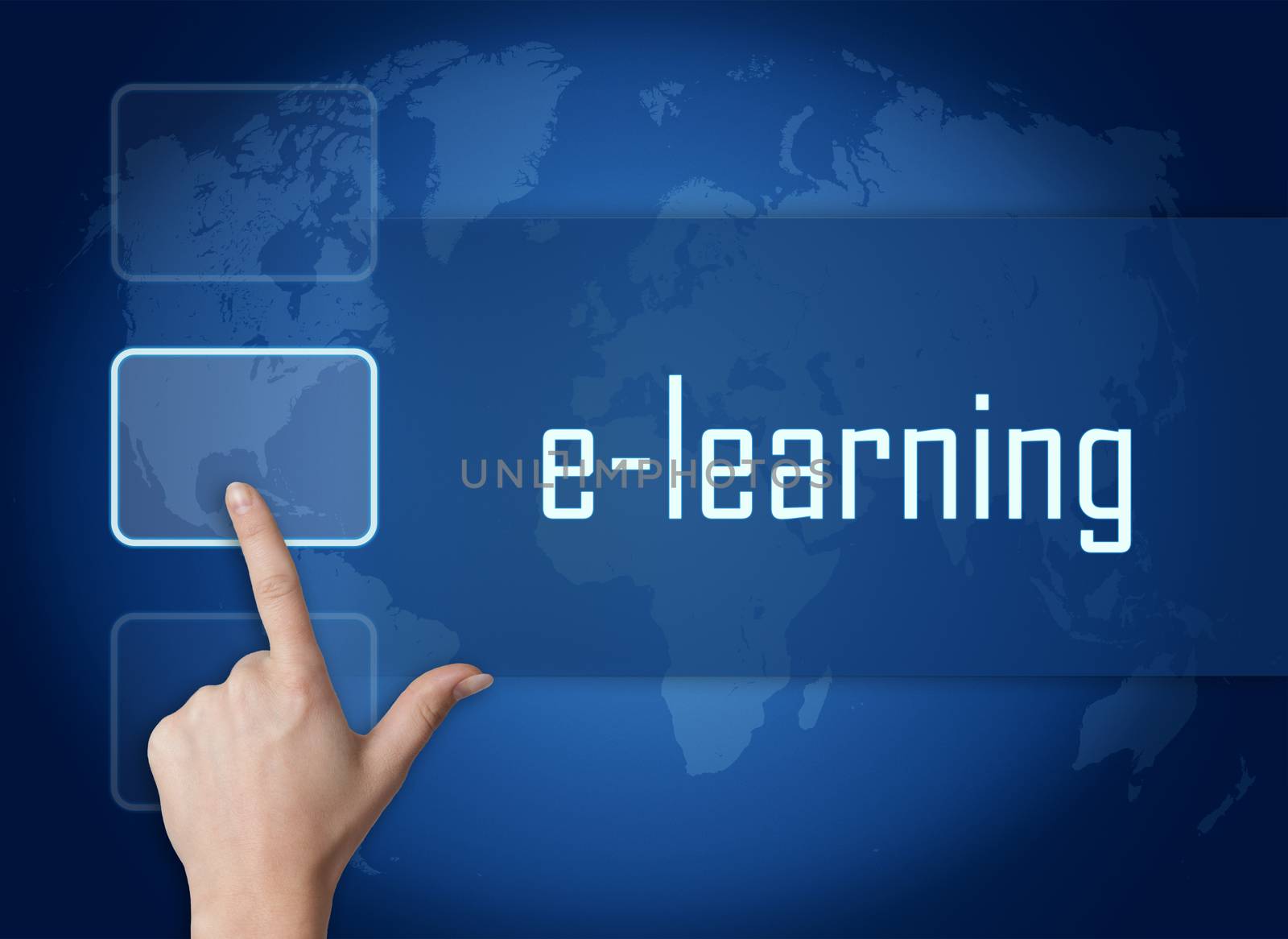 E-learning concept with interface and world map on blue background