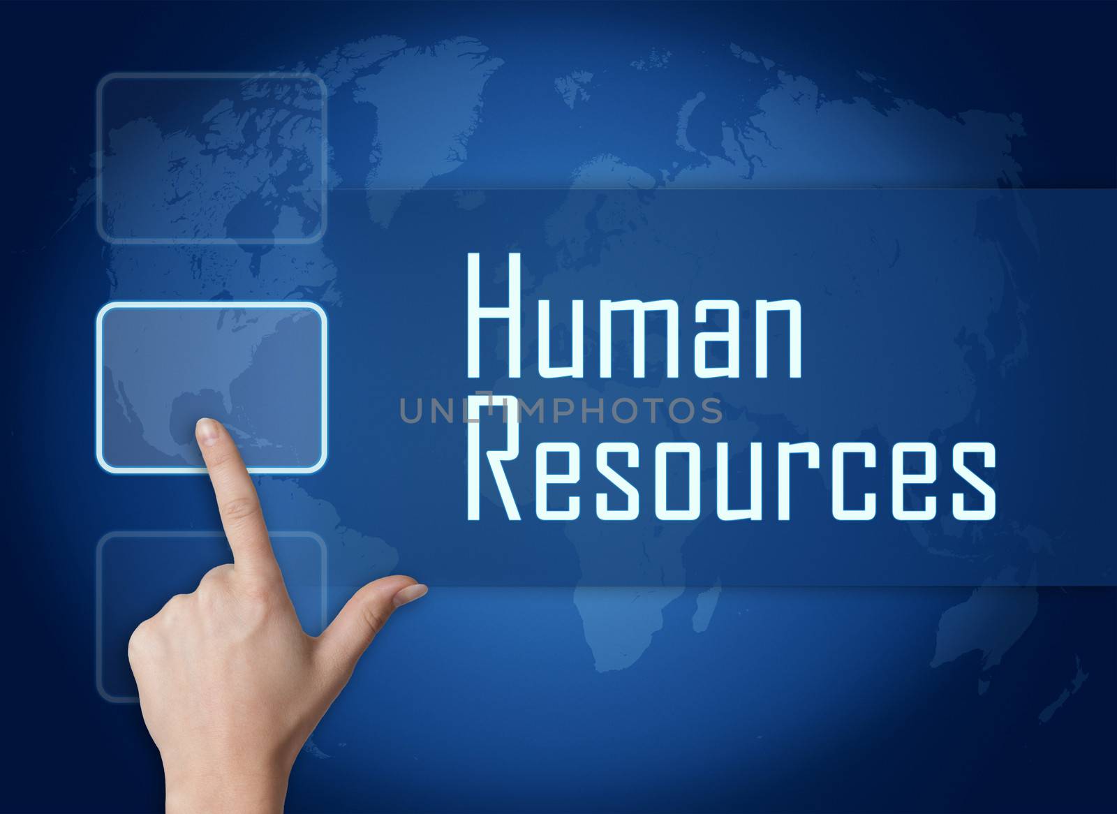 Human Resources concept with interface and world map on blue background