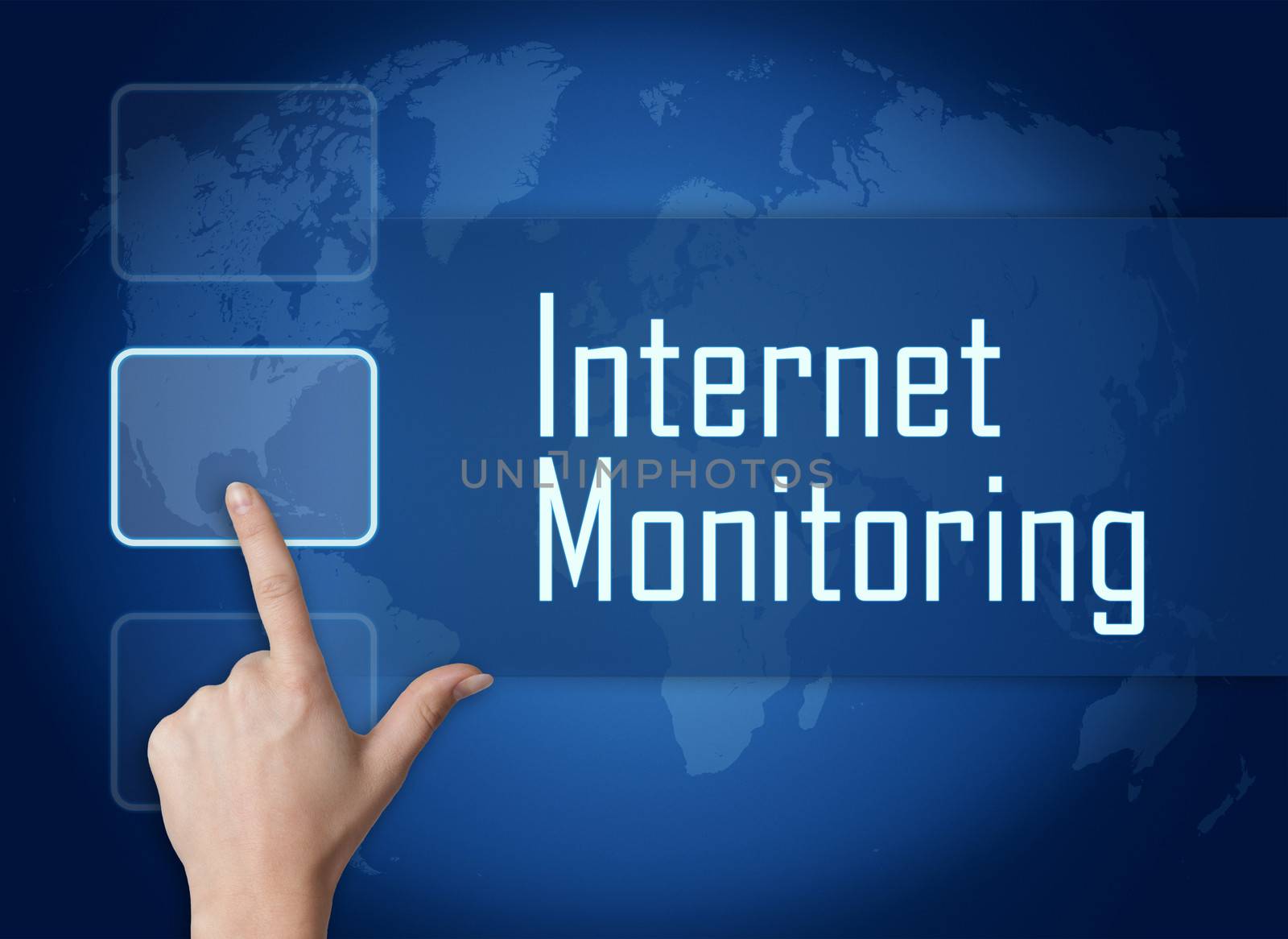 Internet Monitoring concept with interface and world map on blue background