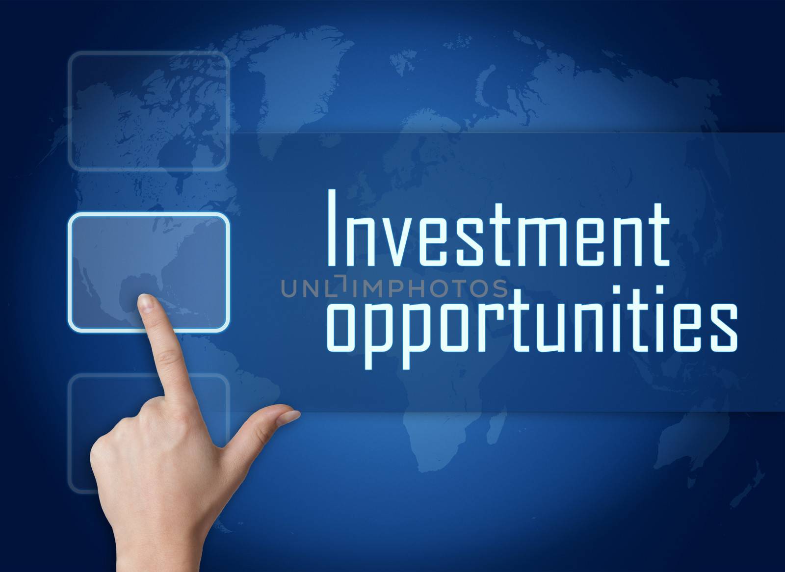 Investment opportunities concept with interface and world map on blue background