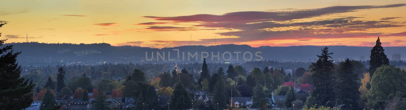 Golden Sunset Over Portland Oregon Cityscape with View of West Hills Panorama