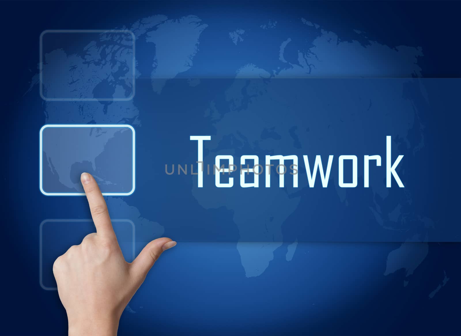 Teamwork concept with interface and world map on blue background
