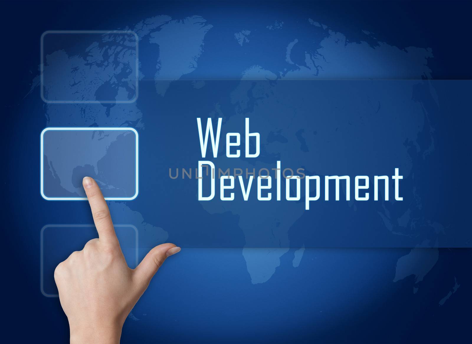 Web Development concept with interface and world map on blue background