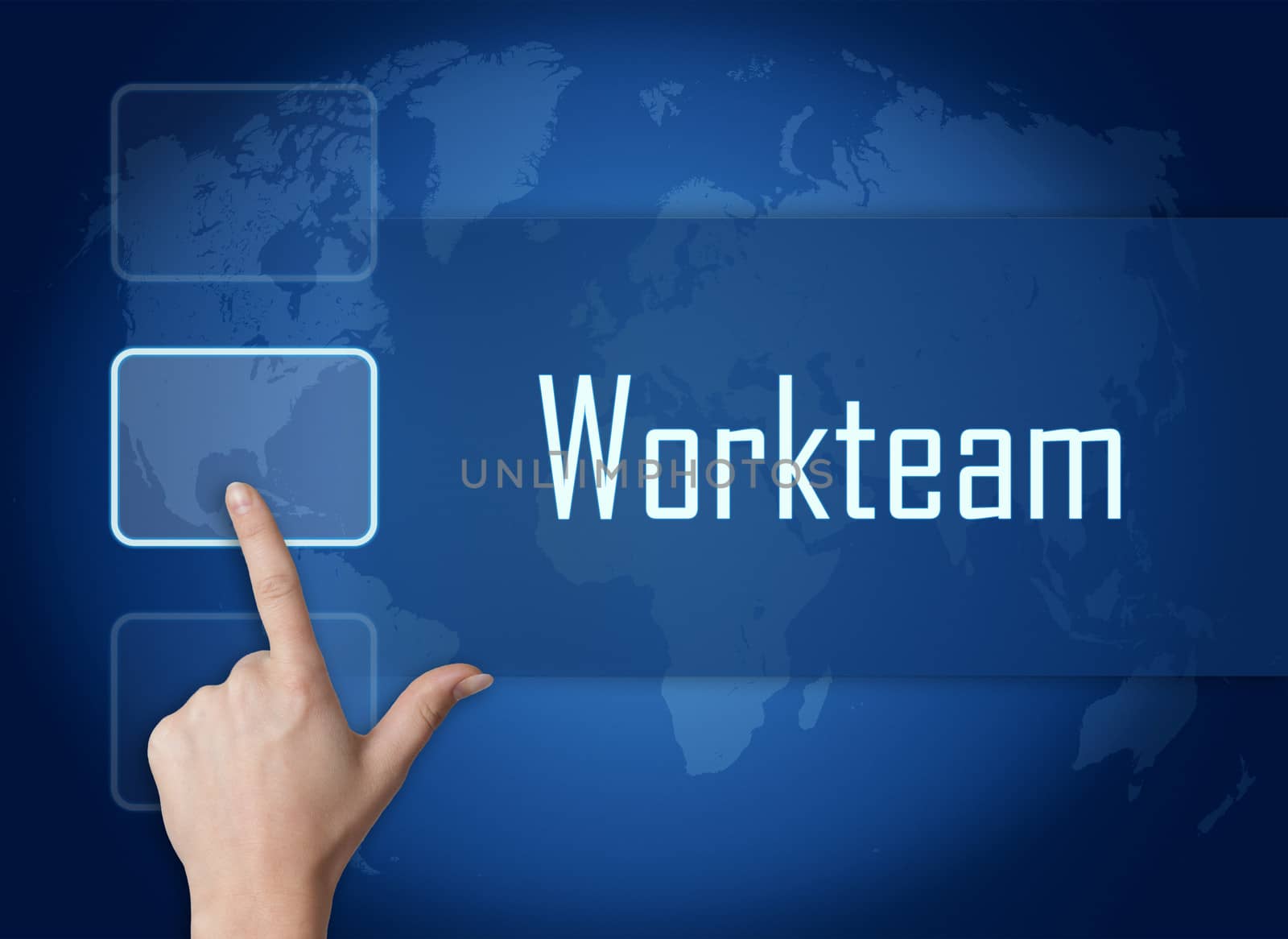 Workteam concept with interface and world map on blue background