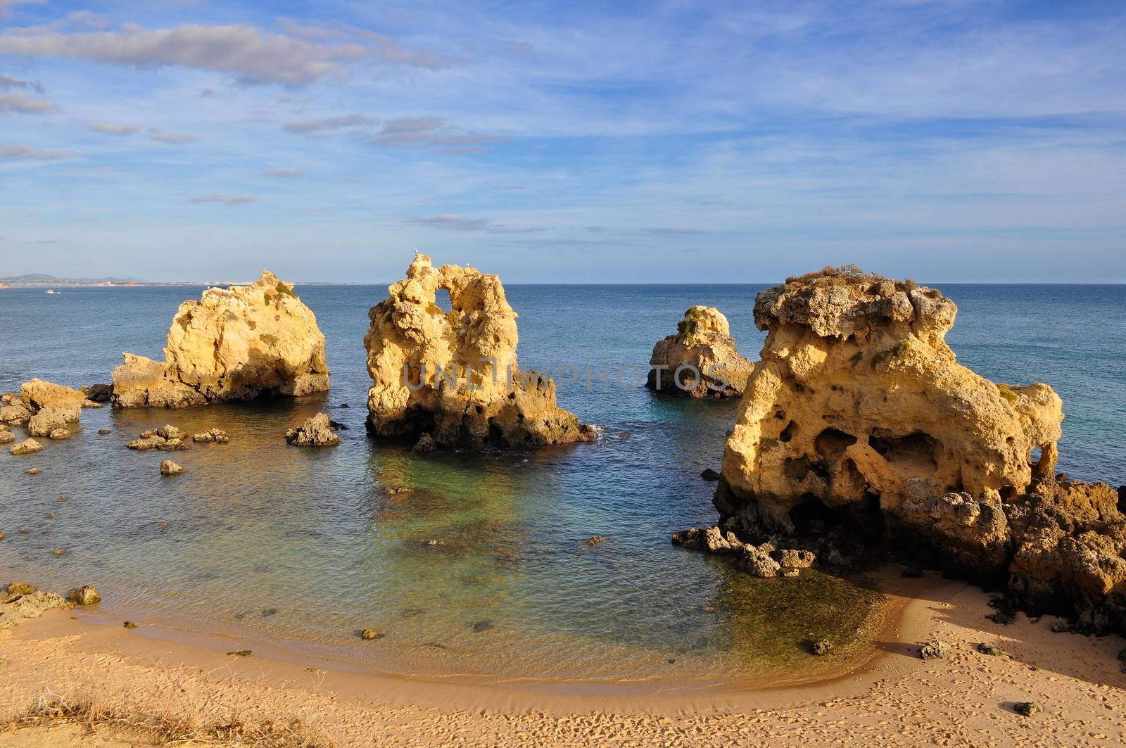 High view of Arrifes Beach in Albufeira, Algarve, Portugal