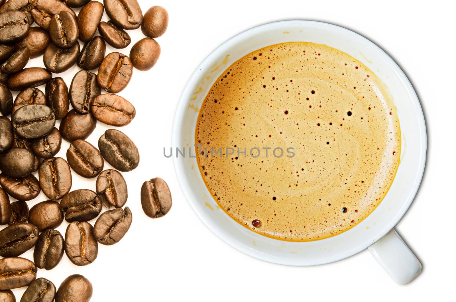 Cup of coffee with coffee beans.