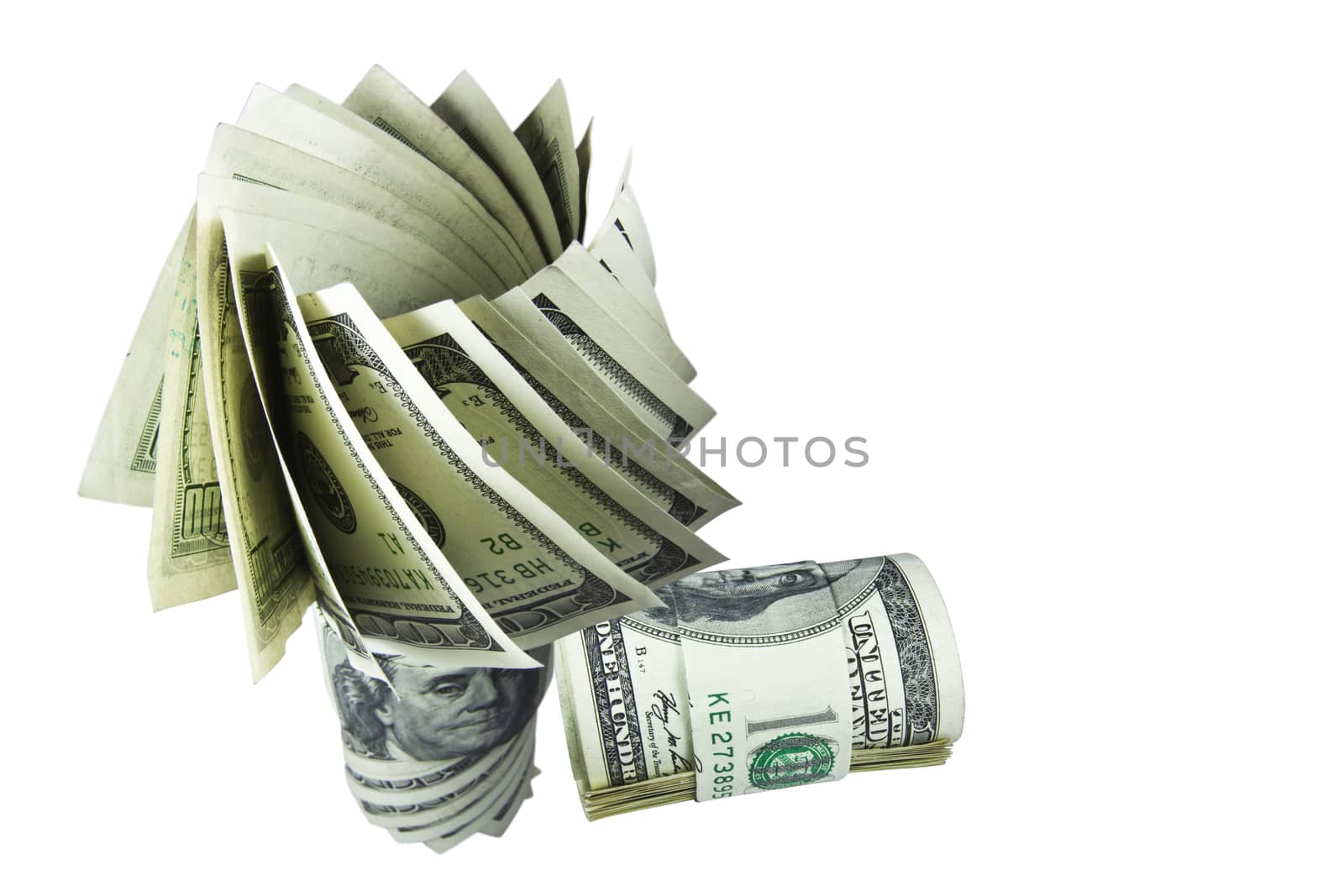 The money hundred dollar bills of American with white background