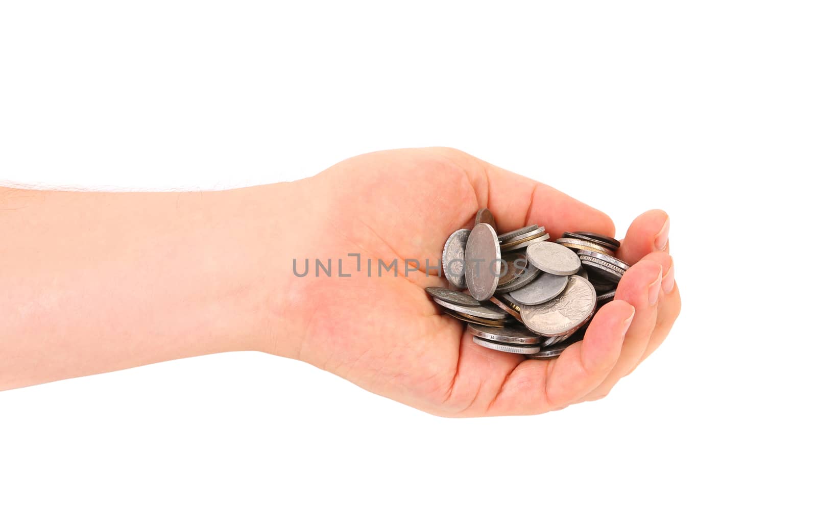 Hand holds coins. Isolated on a white background.