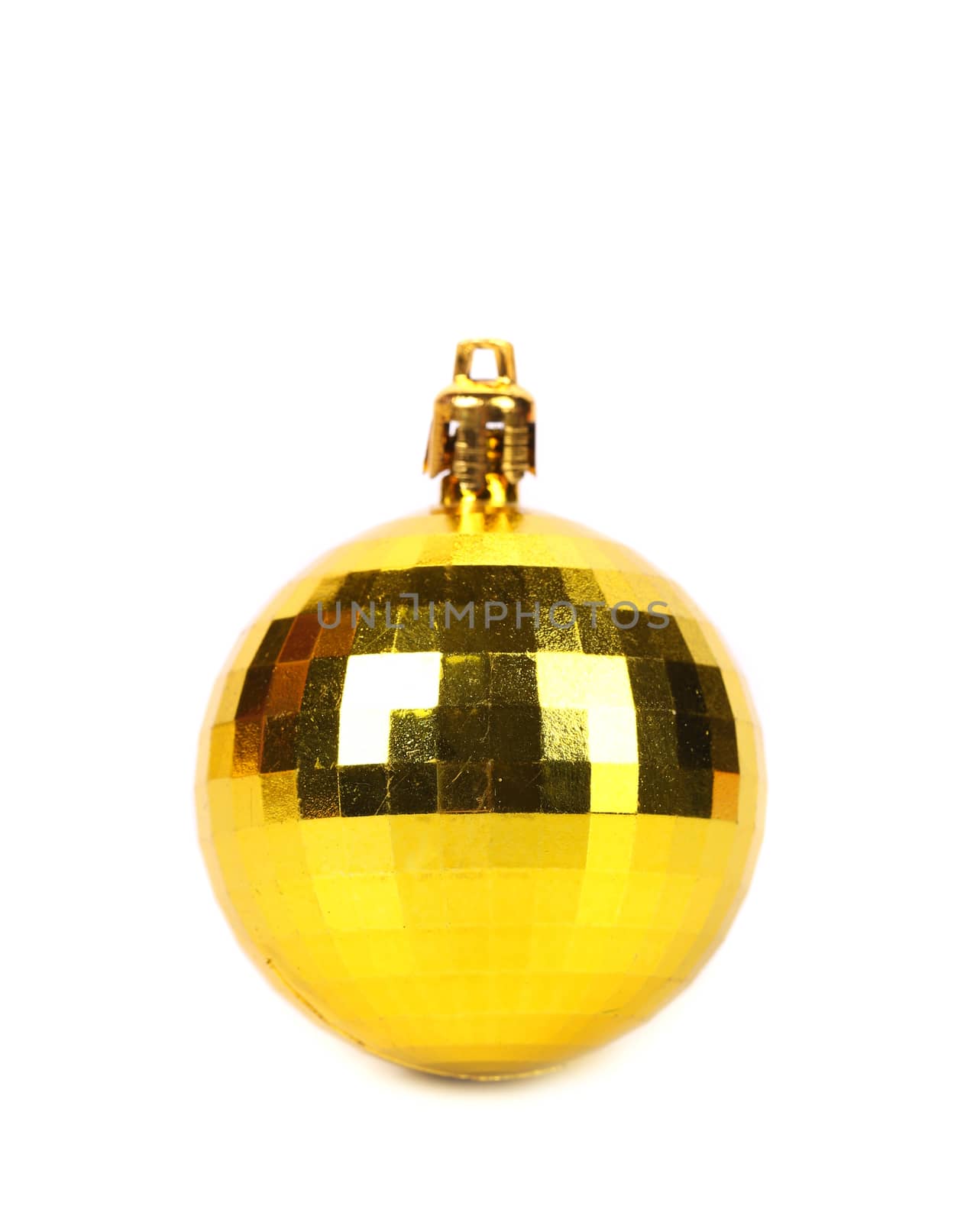 Yellow christmas ball isolated on a white background. Close up.