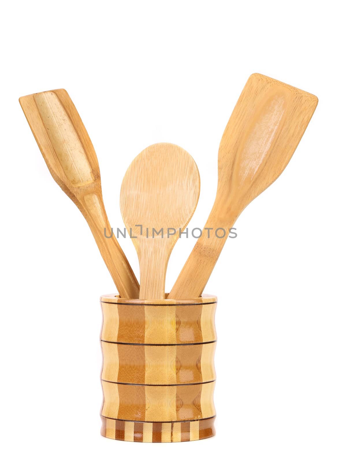 Wooden cutlery in jar. Isolated on a white background.