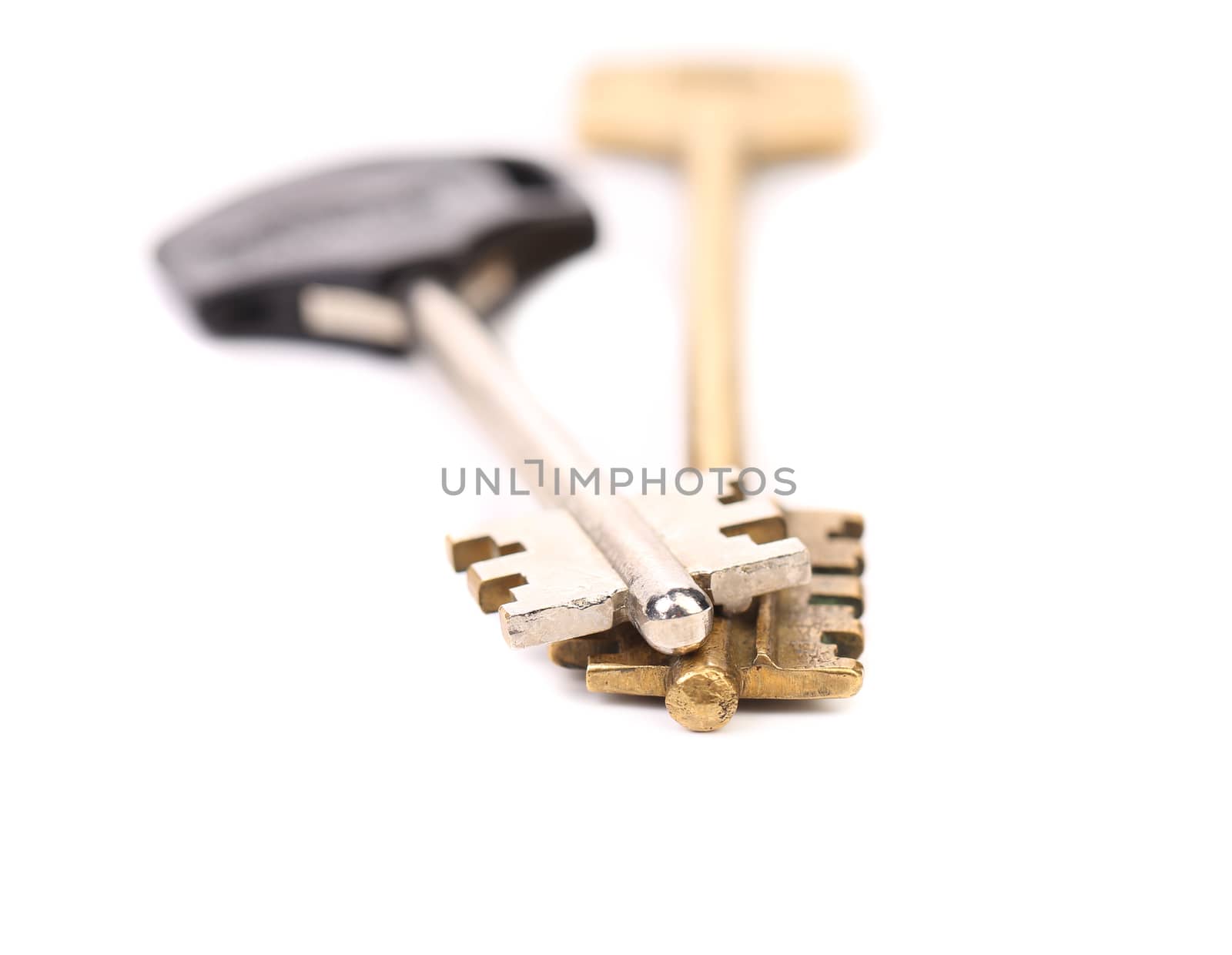 Two different key. Metal and Plastic. White background.