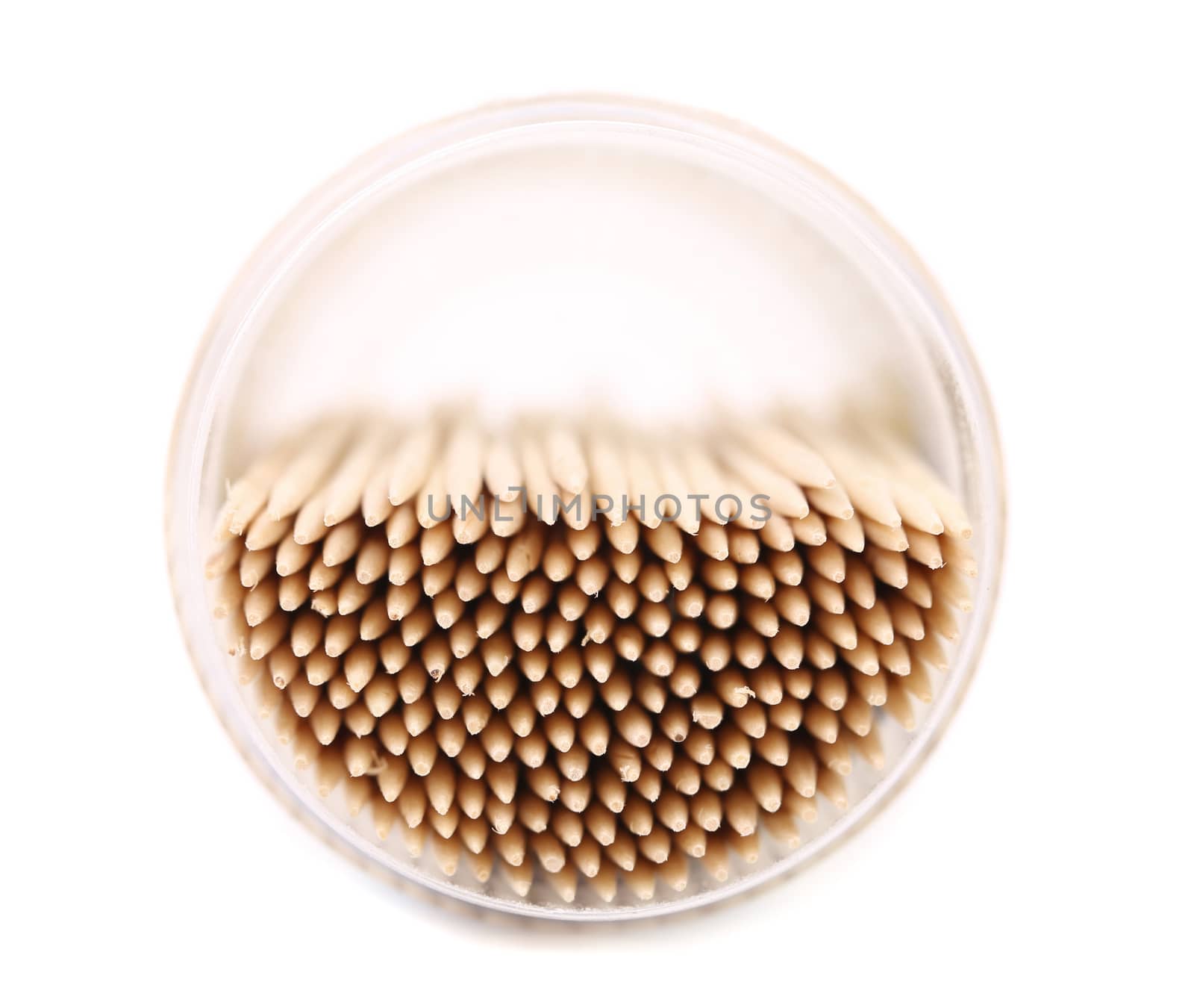 Tpo view on toothpicks in a round box. Close up.