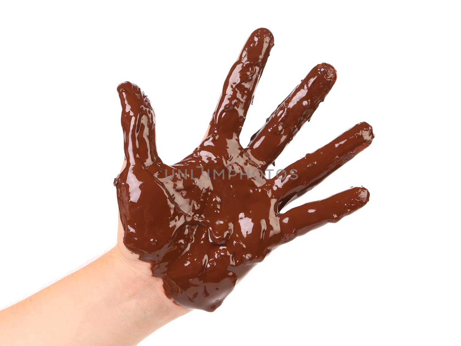 Chocolate hand. Isolated on a white background.