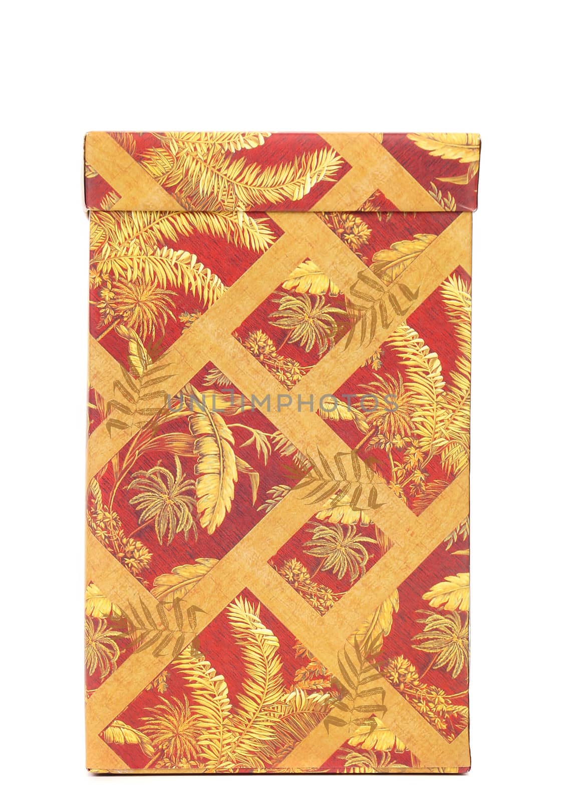 Exotic print on red box. White background.