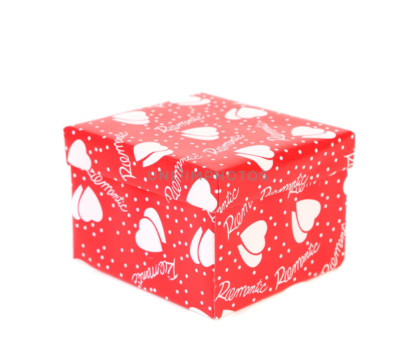 White hearts on red gift box. White background.