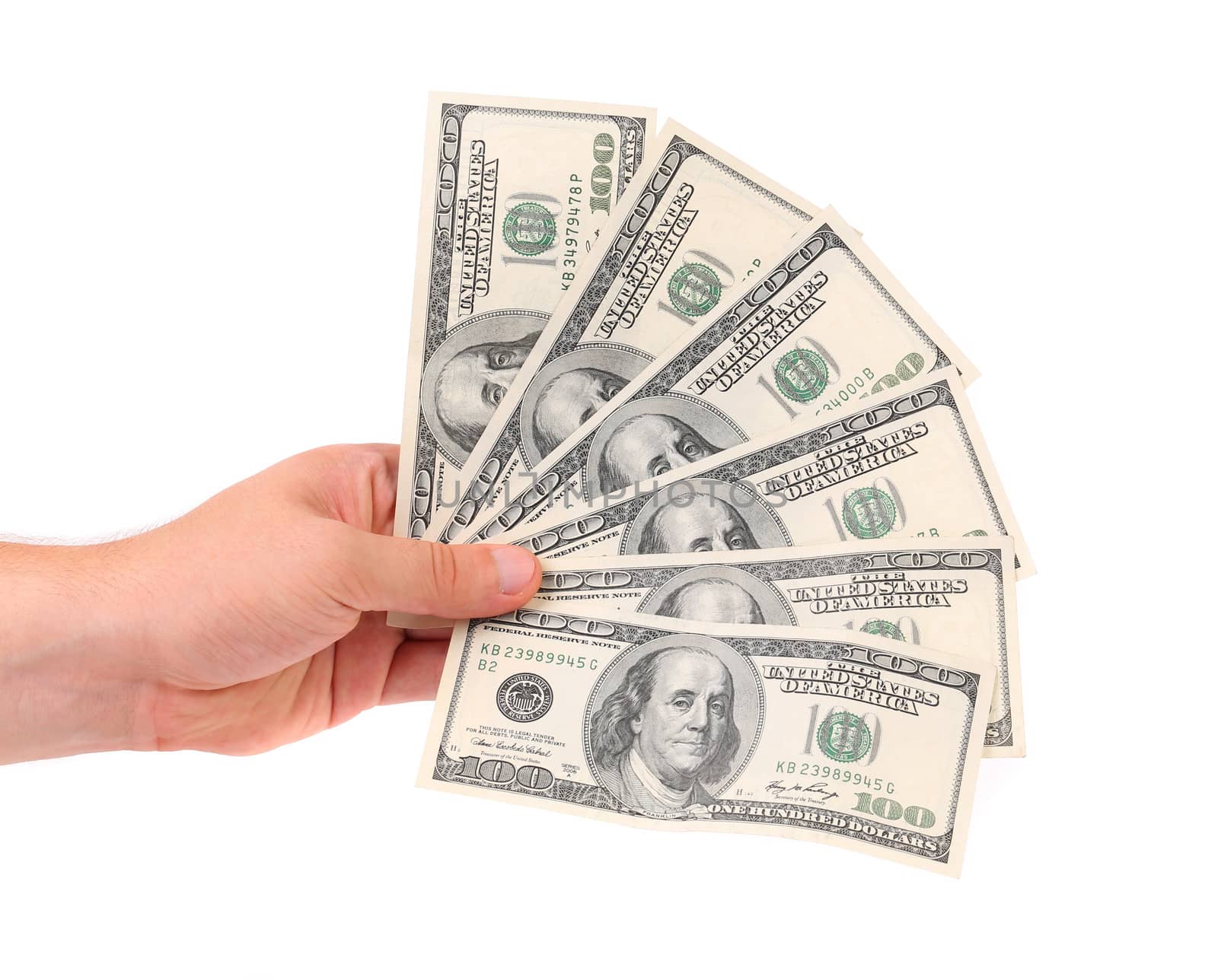 Male hand holding american Dollar-bills. White background.