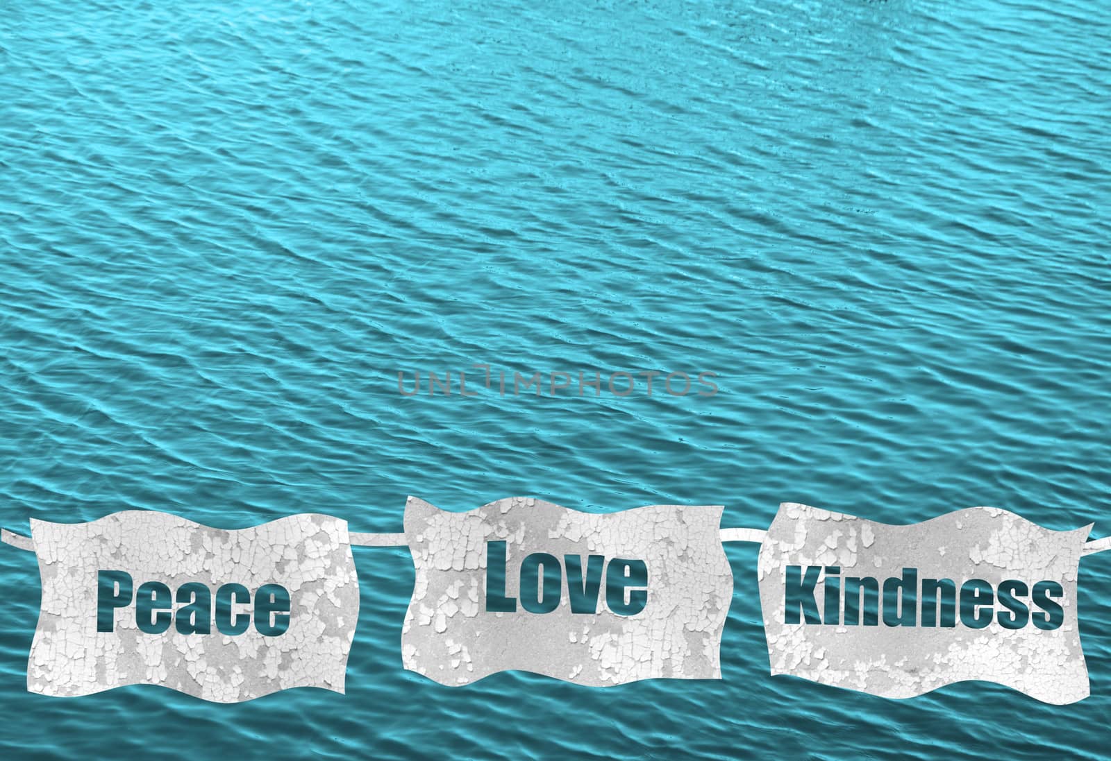 peace, love and kindness on blue ocean background