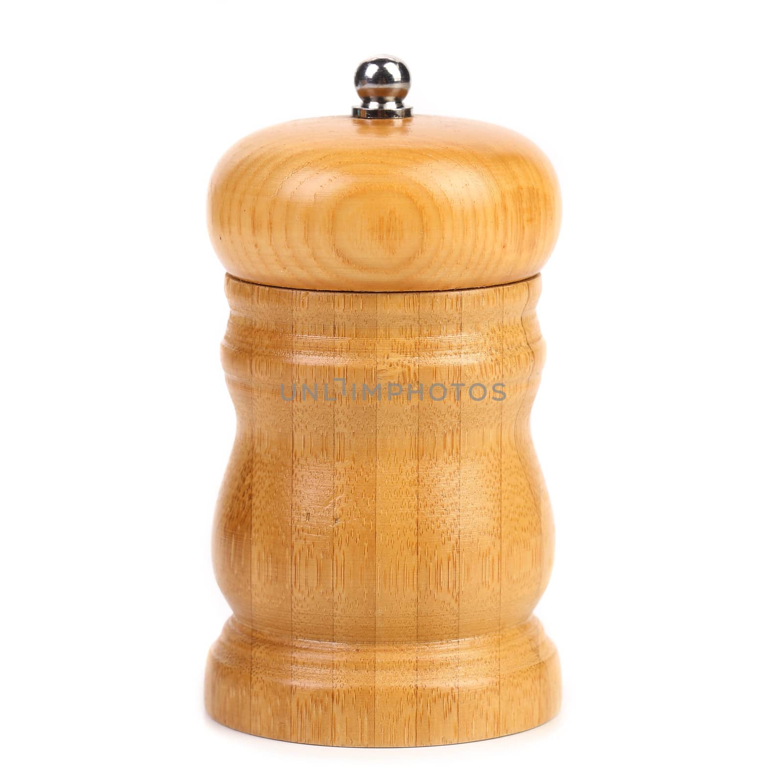 Wooden pepper or salt pot. White background.
