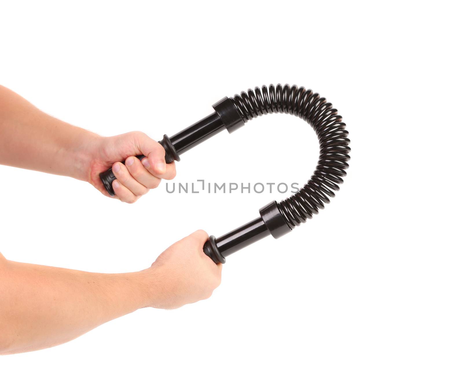 Hands bends steel expander. Isolated on a white background.