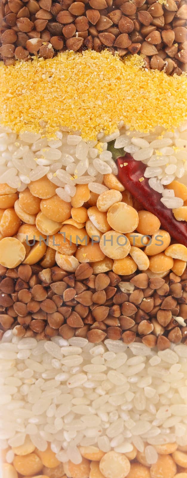 Background of different coloured seeds. Close up.