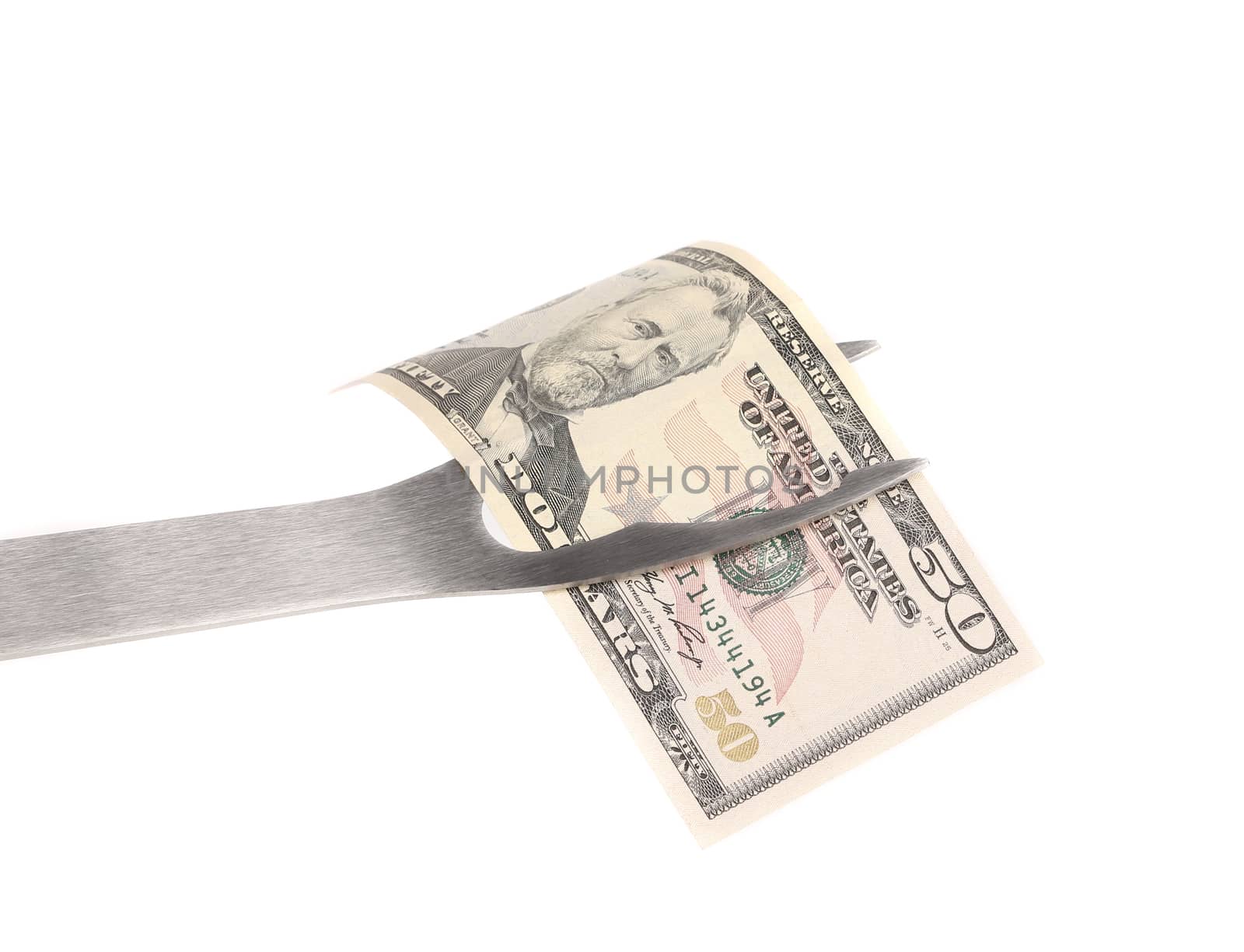 One hangred dollars on bbq fork. White bacground.